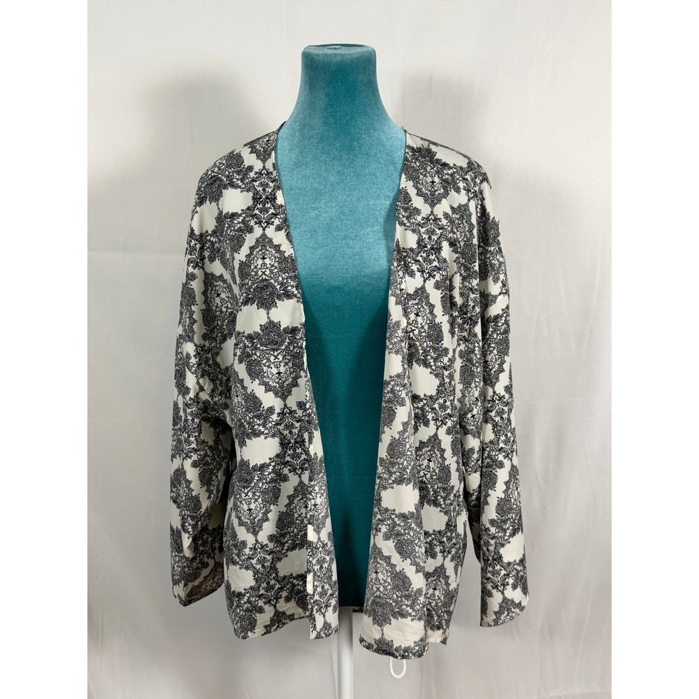 Blue Rain Damask Paisley Kimono Cardigan Small Black White Open Front Festival